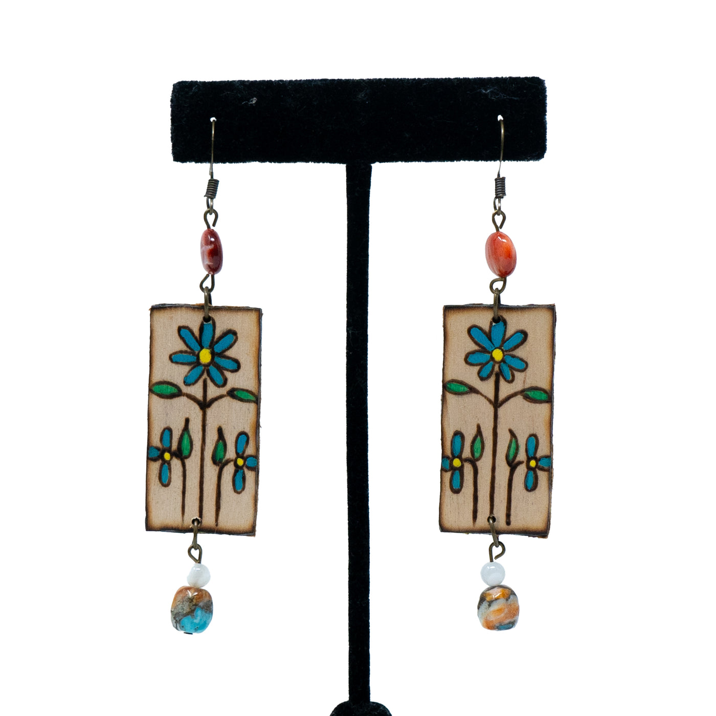 Wooden Blue Flower Earrings with Beads