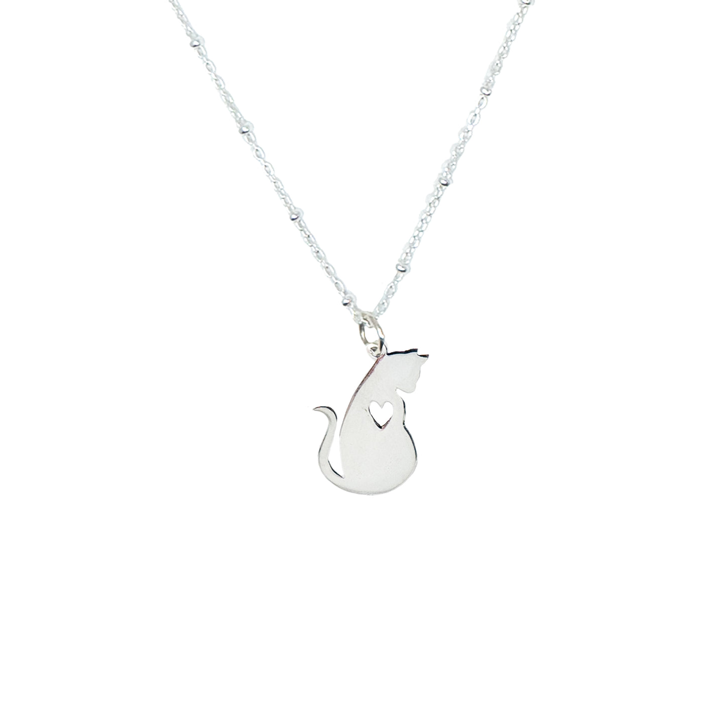 Sterling Silver Cat with Heart Necklace