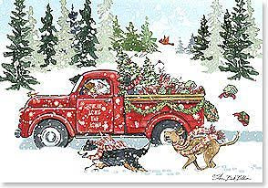 Santa in Red Truck with  Dogs Christmas Card Box