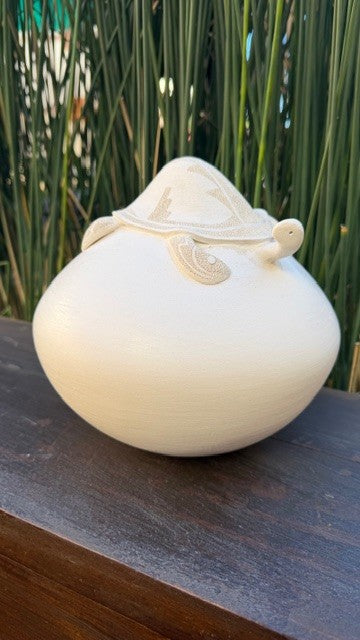 White Seed Pot with Turtle